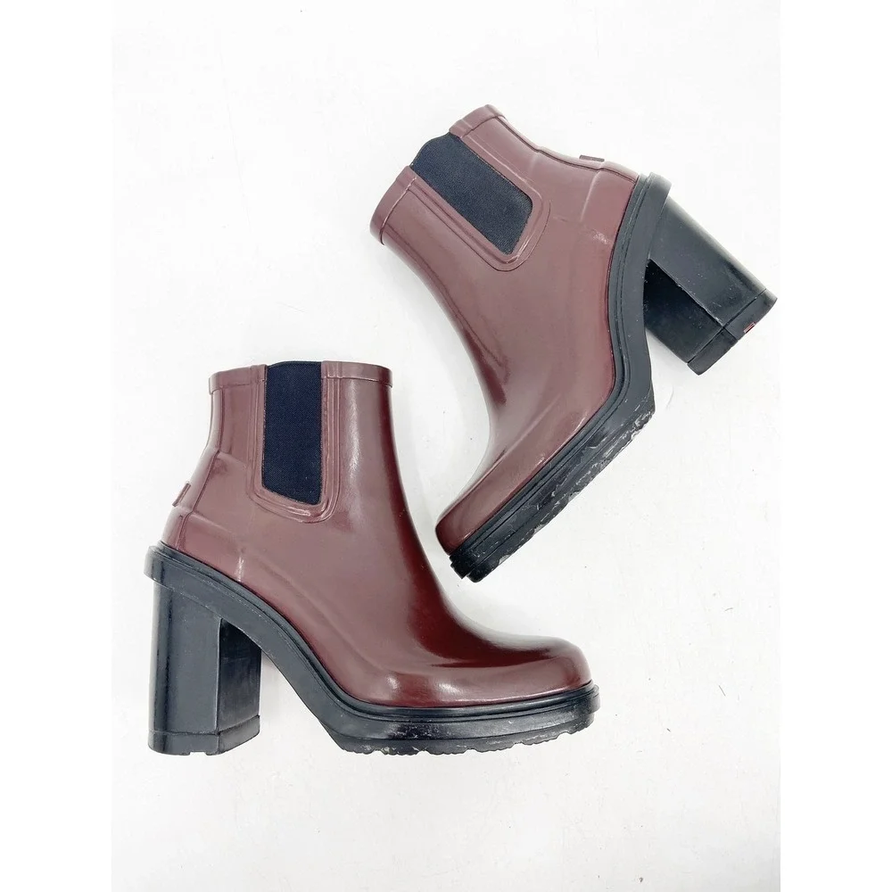 Hunter Women's Original Refined High Heel Burgundy Red Chelsea Rain Boots Size 6